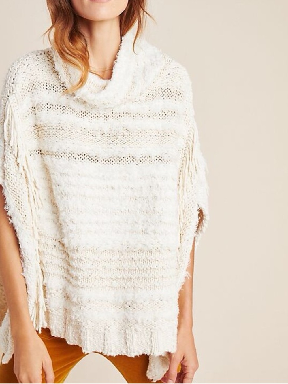 ANTHROPOLOGIE Boho Poncho Ivory White Fringe finge knit oversized XS / S